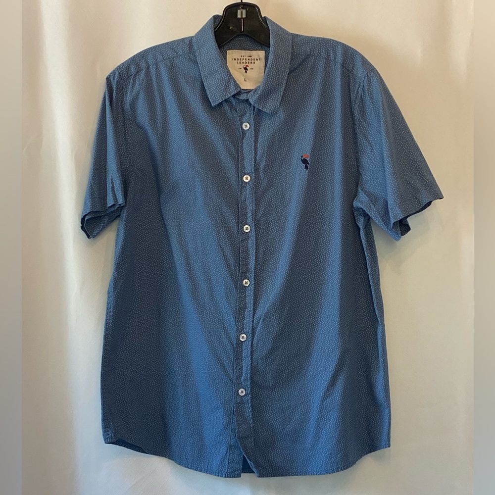 Independent Leaders Mens Blue Micro Print Short Sleeve Button Up Shirt Large